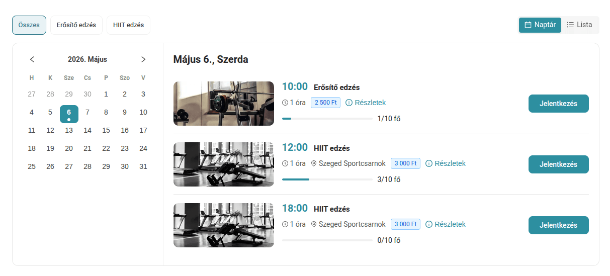 Csoportos órák, események kezelése